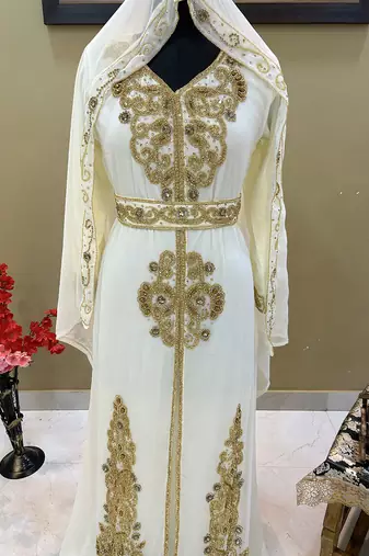 Sale!! Off-White Dubai Moroccan Beaded Kaftan Arabian Plus Size Party Fancy African Clothing Crystal Work Wedding Dress