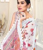 White cotton leaf print silver zari border / pom-pom lace saree with unstitched blouse piece