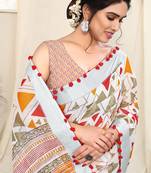 White cotton geometric print silver zari border / pom-pom lace saree with unstitched blouse piece