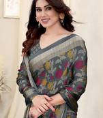 Grey Chiffon Floral Printed Printed Saree With Unstitched Blouse Piece