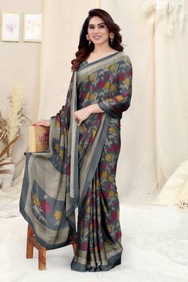 Grey Chiffon Floral Printed Printed Saree With Unstitched Blouse Piece 2