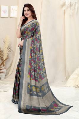 Grey Chiffon Floral Printed Printed Saree With Unstitched Blouse Piece 3