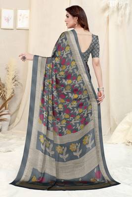 Grey Chiffon Floral Printed Printed Saree With Unstitched Blouse Piece 4