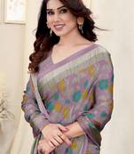 Dusty Wine Chiffon Floral Printed Saree With Unstitched Blouse Piece