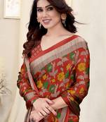 Red chiffon floral printed saree with unstitched blouse piece