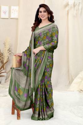 Dusty Green Chiffon Floral Printed Saree With Unstitched Blouse Piece 2
