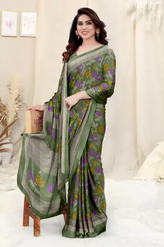 Dusty Green Chiffon Floral Printed Saree With Unstitched Blouse Piece