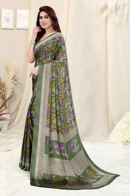 Dusty Green Chiffon Floral Printed Saree With Unstitched Blouse Piece 3