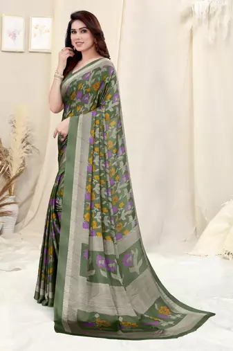 Dusty Green Chiffon Floral Printed Saree With Unstitched Blouse Piece
