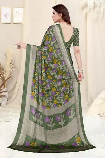 Dusty Green Chiffon Floral Printed Saree With Unstitched Blouse Piece
