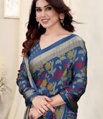 Blue Chiffon Floral Printed Saree With Unstitched Blouse Piece