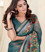 Dusty Teal Kota Doria Geometric/Checked Woven Copper Zari Border Saree With Unstitched Blouse Piece