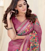 Pink kota doria geometric/checked woven copper zari border saree with unstitched blouse piece