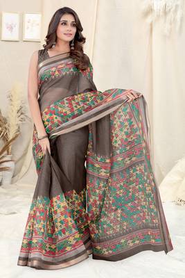 Brown Kota Doria Geometric/Checked Woven Copper Zari Border Saree With Unstitched Blouse Piece 1