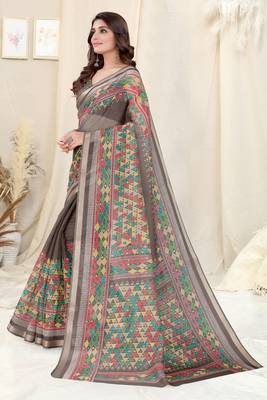 Brown Kota Doria Geometric/Checked Woven Copper Zari Border Saree With Unstitched Blouse Piece 3