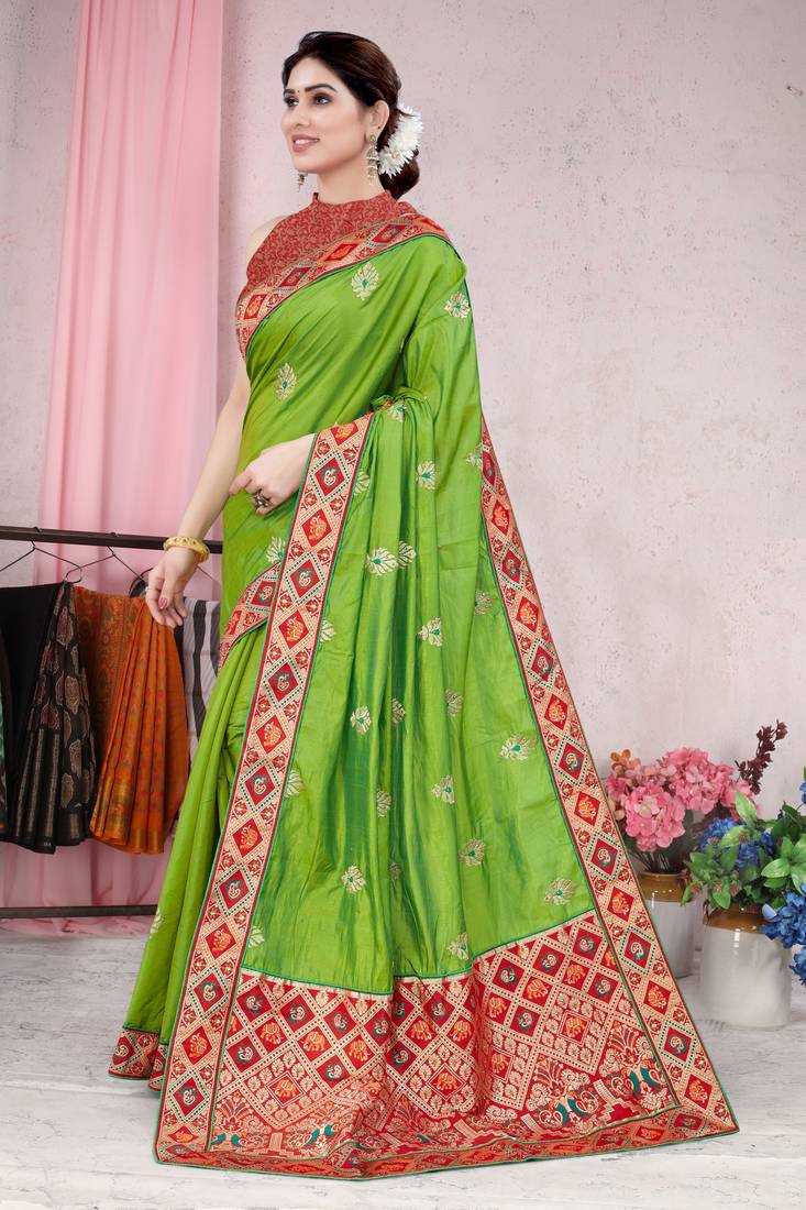 Green Patola Silk Saree with Contrasting  Maroon and Gold Zari Border