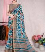 White Cotton Blend Floral Printed / Stripe Golden Zari Border Saree With Unstitched Blouse Piece