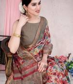 White cotton blend floral printed / stripe golden zari border saree with unstitched blouse piece