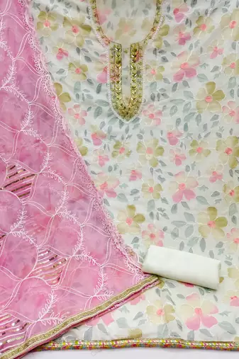 White Organza Hand Work Dress Material