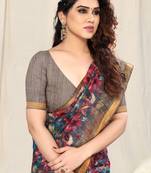 Grey Cotton Blend Floral Printed / Stripe Golden Zari Border Saree With Unstitched Blouse Piece