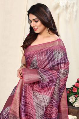 Pink cotton silk tie & dye /laheriya / batik print 5 "weaving golden zari border saree with unstitched blouse piece 1