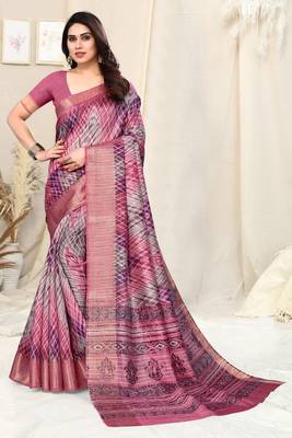 Pink cotton silk tie & dye /laheriya / batik print 5 "weaving golden zari border saree with unstitched blouse piece 2