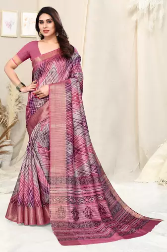 Pink cotton silk tie & dye /laheriya / batik print 5 "weaving golden zari border saree with unstitched blouse piece