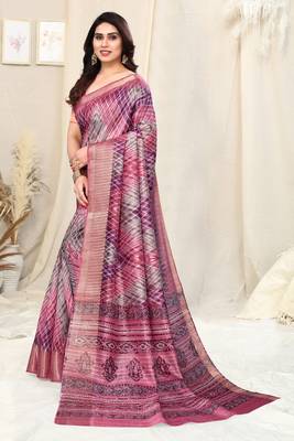 Pink cotton silk tie & dye /laheriya / batik print 5 "weaving golden zari border saree with unstitched blouse piece 3