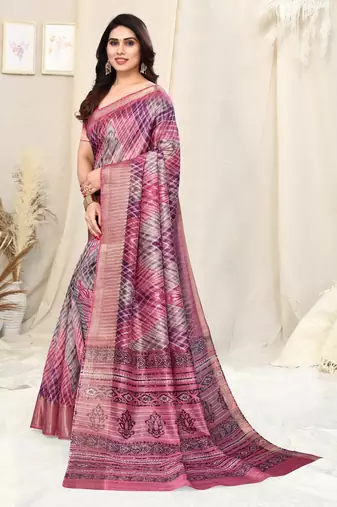 Pink cotton silk tie & dye /laheriya / batik print 5 "weaving golden zari border saree with unstitched blouse piece