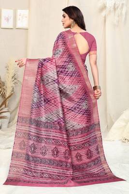 Pink cotton silk tie & dye /laheriya / batik print 5 "weaving golden zari border saree with unstitched blouse piece 4
