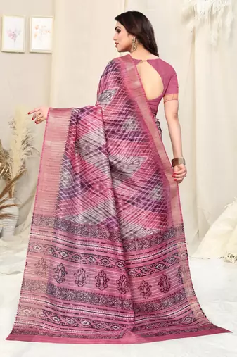 Pink cotton silk tie & dye /laheriya / batik print 5 "weaving golden zari border saree with unstitched blouse piece