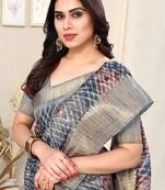 Grey cotton silk tie & dye /laheriya / batik print 5 "weaving golden zari border saree with unstitched blouse piece
