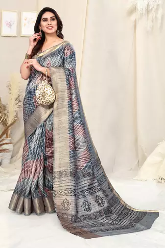 Grey cotton silk tie & dye /laheriya / batik print 5 "weaving golden zari border saree with unstitched blouse piece