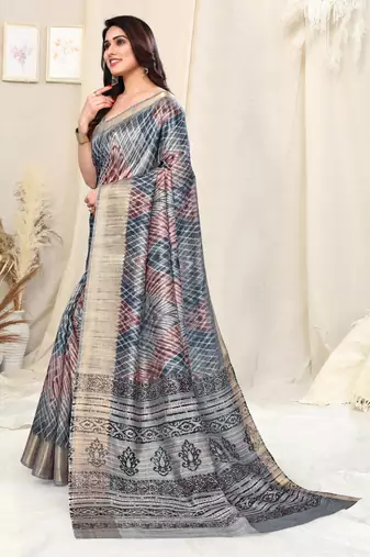 Grey cotton silk tie & dye /laheriya / batik print 5 "weaving golden zari border saree with unstitched blouse piece