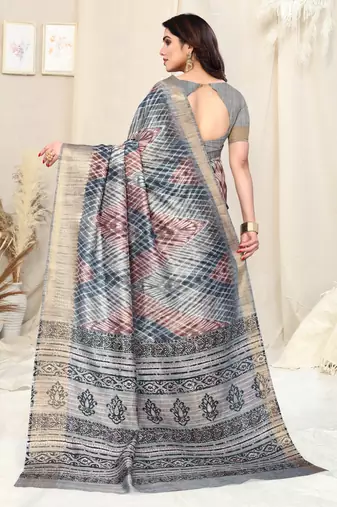 Grey cotton silk tie & dye /laheriya / batik print 5 "weaving golden zari border saree with unstitched blouse piece