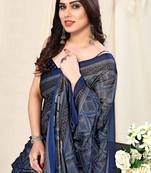 Navy Blue Chiffon Gometric / Herringbone Saree With Unstitched Blouse Piece