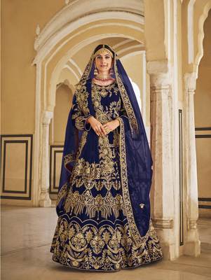 PREMIUM LUXURIOUS WEDDING WEAR BLUE VELVET LEHENGA CHOLI LATEST DESIGN 1