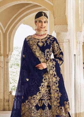 PREMIUM LUXURIOUS WEDDING WEAR BLUE VELVET LEHENGA CHOLI LATEST DESIGN 2