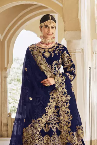 PREMIUM LUXURIOUS WEDDING WEAR BLUE VELVET LEHENGA CHOLI LATEST DESIGN