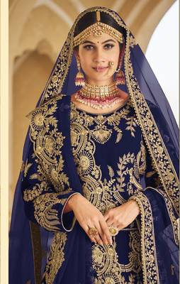 PREMIUM LUXURIOUS WEDDING WEAR BLUE VELVET LEHENGA CHOLI LATEST DESIGN 4