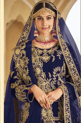 PREMIUM LUXURIOUS WEDDING WEAR BLUE VELVET LEHENGA CHOLI LATEST DESIGN