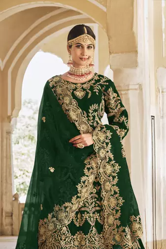 PREMIUM LUXURIOUS WEDDING WEAR GREEN VELVET LEHENGA CHOLI LATEST DESIGN