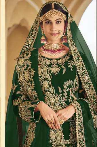 PREMIUM LUXURIOUS WEDDING WEAR GREEN VELVET LEHENGA CHOLI LATEST DESIGN
