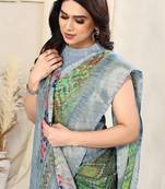 Light green chiffon color block / block print zari line border saree with unstitched blouse piece