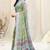 Light green chiffon color block / block print zari line border saree with unstitched blouse piece