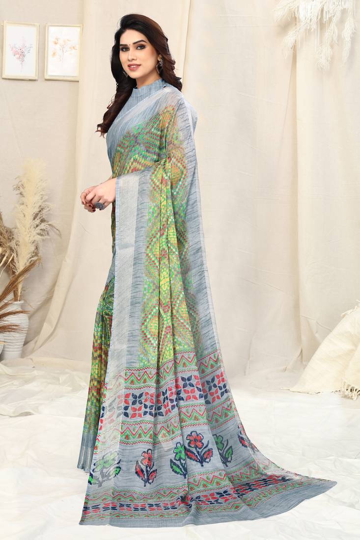 Rama Green Printed Poly Chiffon Saree With Unstitched Blouse Piece main image 0