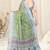 Light green chiffon color block / block print zari line border saree with unstitched blouse piece