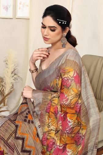 Mustard Chiffon Leaf Print / Ikkat Zari Line Border Saree With Unstitched Blouse Piece