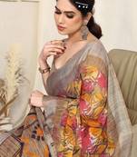 Mustard Chiffon Leaf Print / Ikkat Zari Line Border Saree With Unstitched Blouse Piece