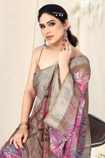 Light pink chiffon leaf print / ikkat zari line border saree with unstitched blouse piece